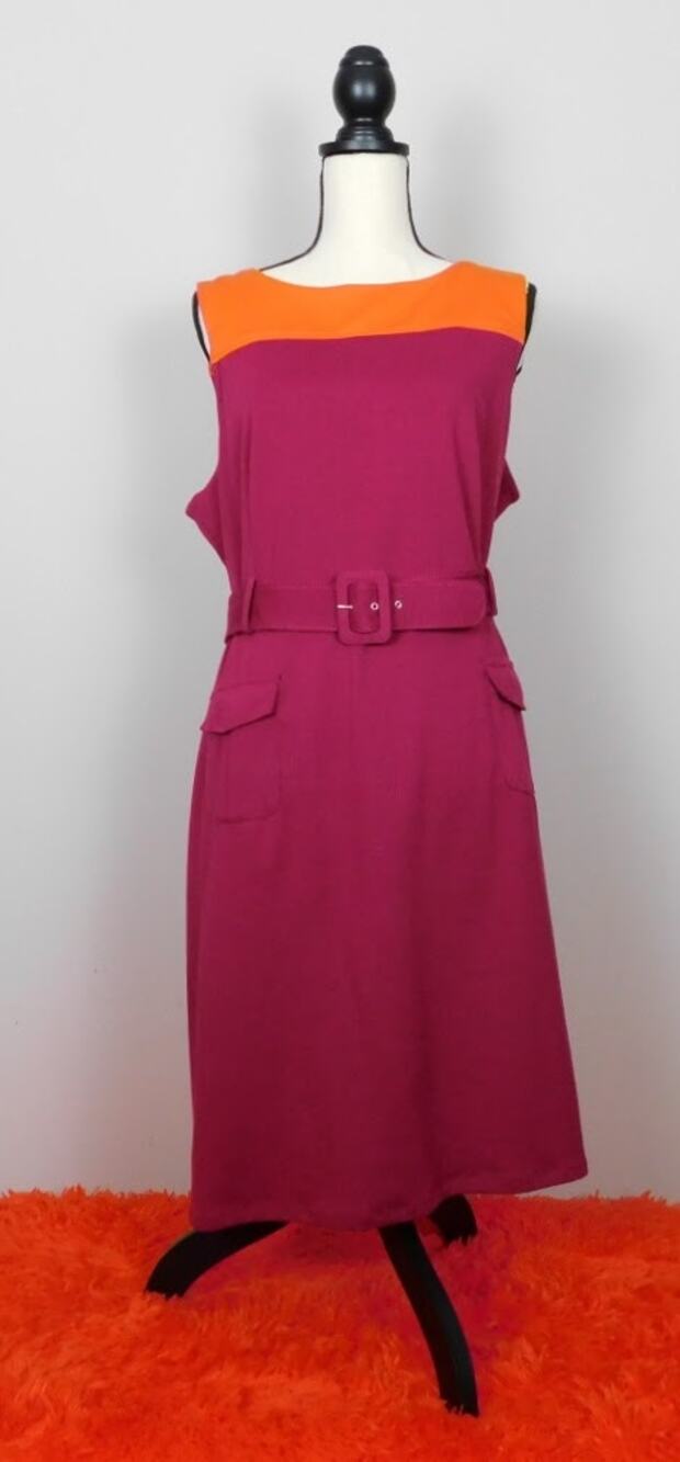 Merona Velma Maroon & Orange Sleeveless Colorblock Sheath Belted Midi Dress 14
